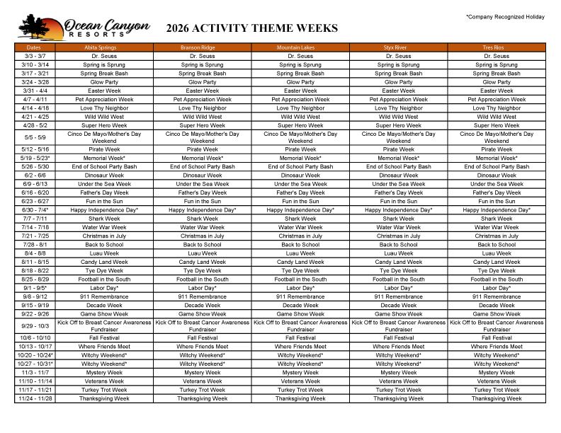 2026 Weekly Themed Activity Calendar